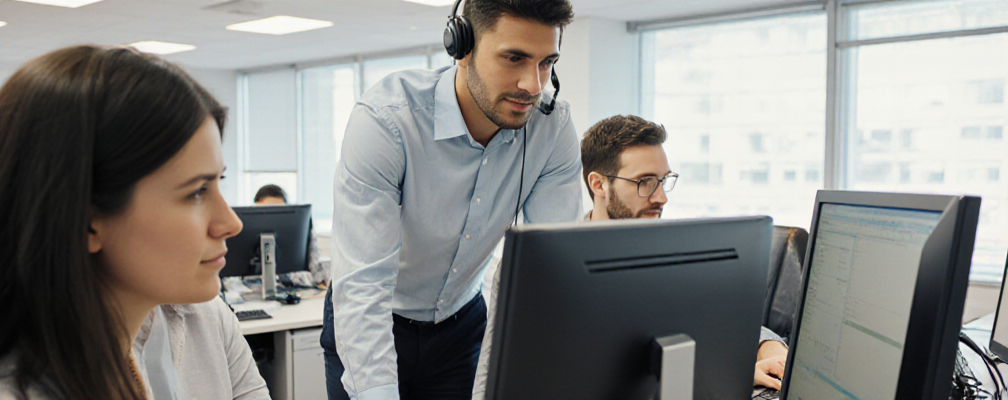 IT team supporting business staff at computers